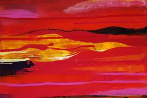 Acrylbild, abstrakte Landschaft in rot, schwarz, magenta und gelb