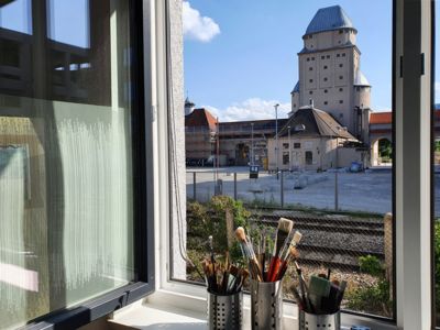 Blick aus dem Fenster, Aussicht auf Gaswerkgelände Augsburg